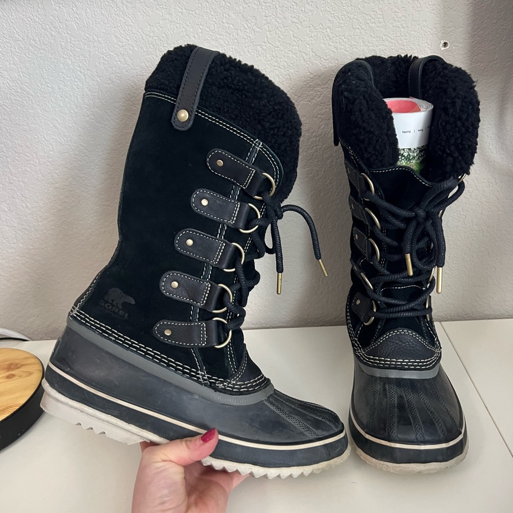 Sorel | Joan of Arctic Boot Women Black Suede Shearling Waterproof Snow Sz 7.5 - Picture 1 of 6